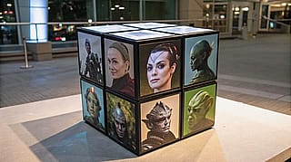 An art installation in the baggage claim of an airport on an alien world'