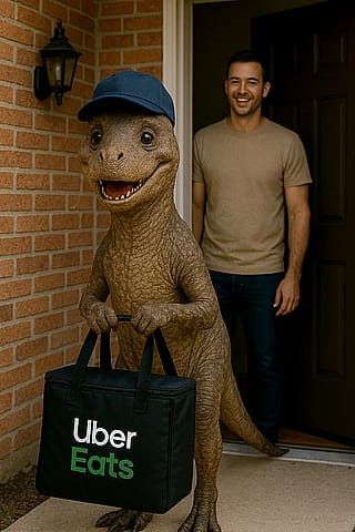 Concept: 2060s. After successfully reviving direwolves in 2025, scientists have since brought back a small, gentle species of dinosaur, intelligent enough to help humans with service jobs. Meet Benji, the Uber Eats delivery dino.'