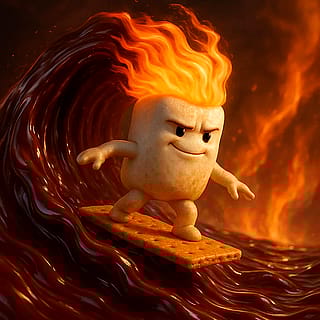 Blazing through the chocolate surf, flame-haired and fearless—Sir Mallow rides the sweet burn.'