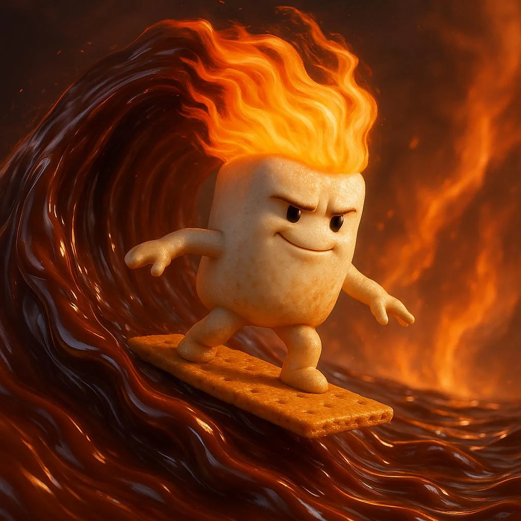 Blazing through the chocolate surf, flame-haired and fearless—Sir Mallow rides the sweet burn. picture 1 of 1