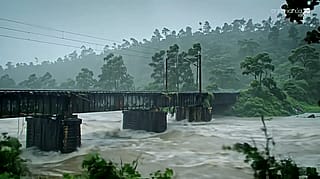 Train crossing the bridge across a story river flowing in the mountains with forest.'