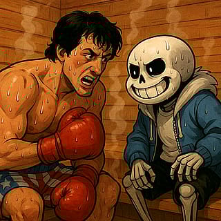 Draw a epic sweating battle between Rocky and Sans (from the game Undertale) in a sauna.'