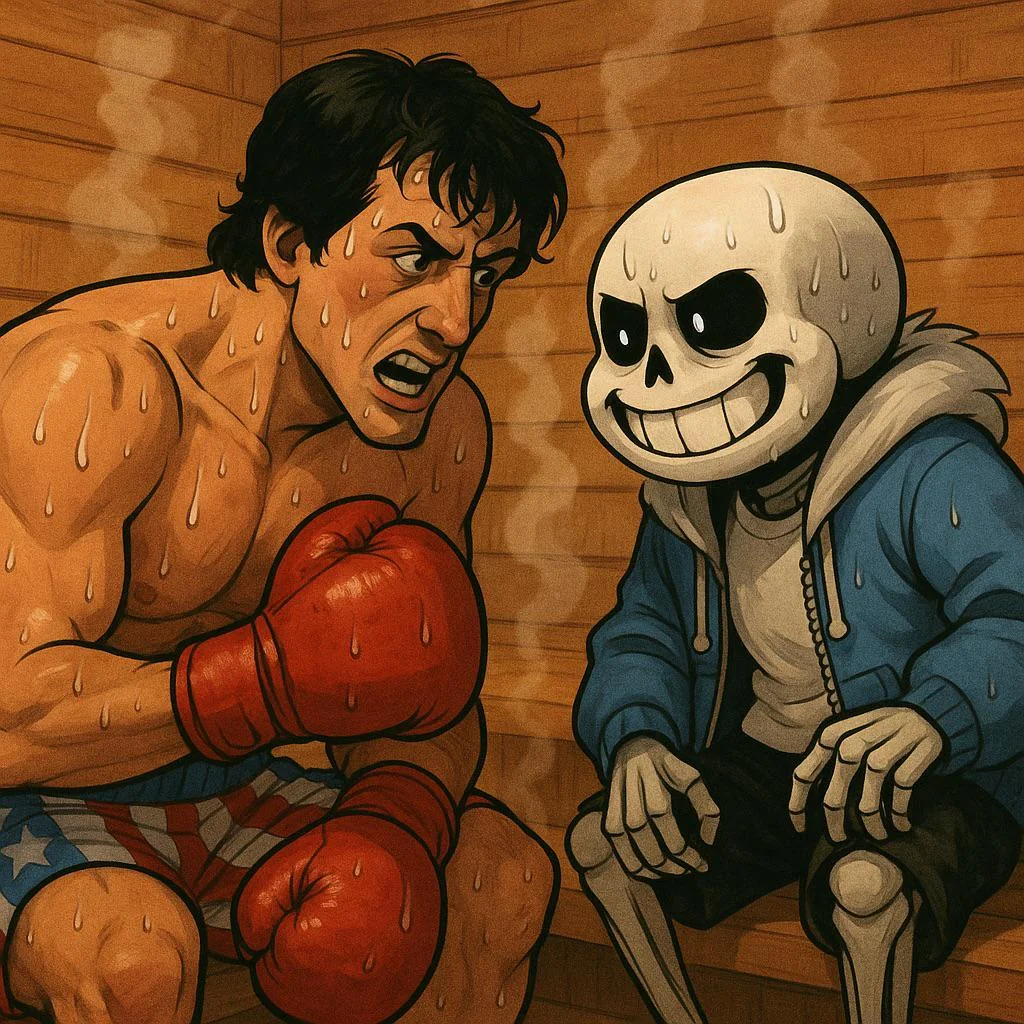 Draw a epic sweating battle between Rocky and Sans (from the game Undertale) in a sauna. picture 1 of 1