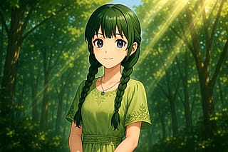 A girl with green hair.'