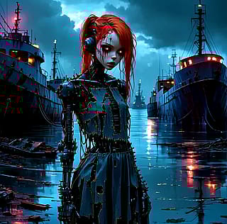 A cyberpunk girl is in a dismissed post-apocalypse harbor'