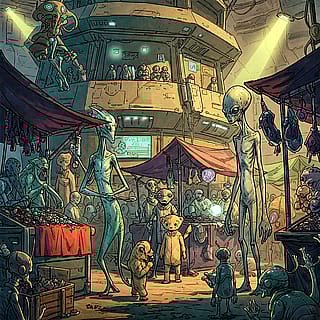 A group of space pirates celebrating their latest heist in a dimly lit cantina. Graphic novel style.'