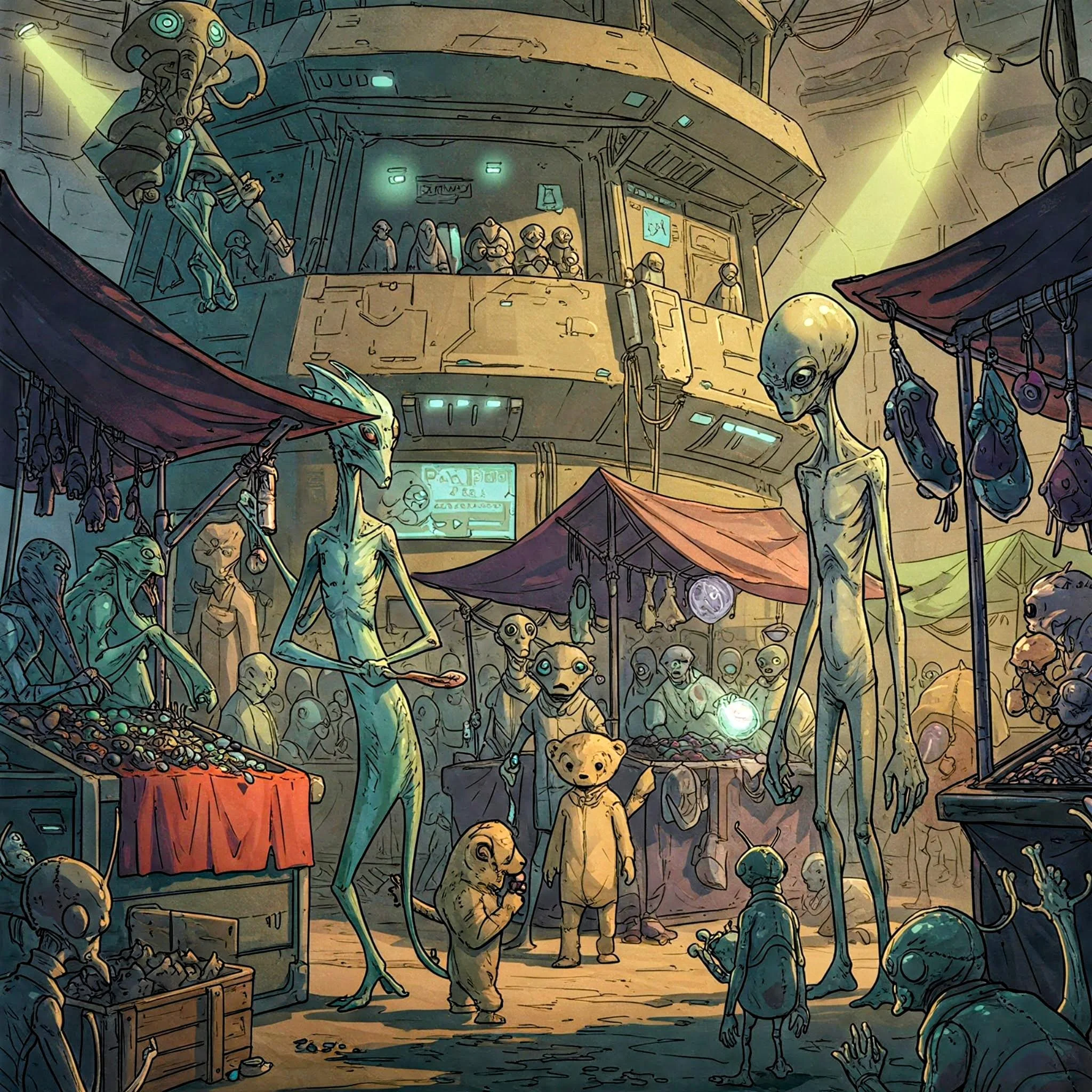 A group of space pirates celebrating their latest heist in a dimly lit cantina. Graphic novel style. picture 1 of 1
