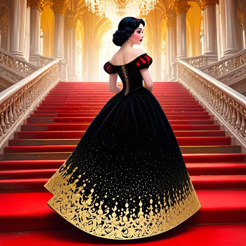 Snow White walking up a Grand Staircase to a Ball. Which Dress Design do you prefer? I used Ai Leap from the Apple App Store. picture 1 of 3