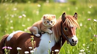 Adorable Cat Riding Pony'