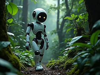 A robot walks through the tropical rain forest.'