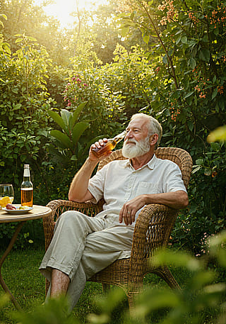 Photo of an old man, sitting in the garden and drinking beer'