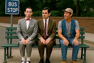 Pee-wee Herman, Mr. Bean, and Ernest P. Worrell sitting at a bus stop.'