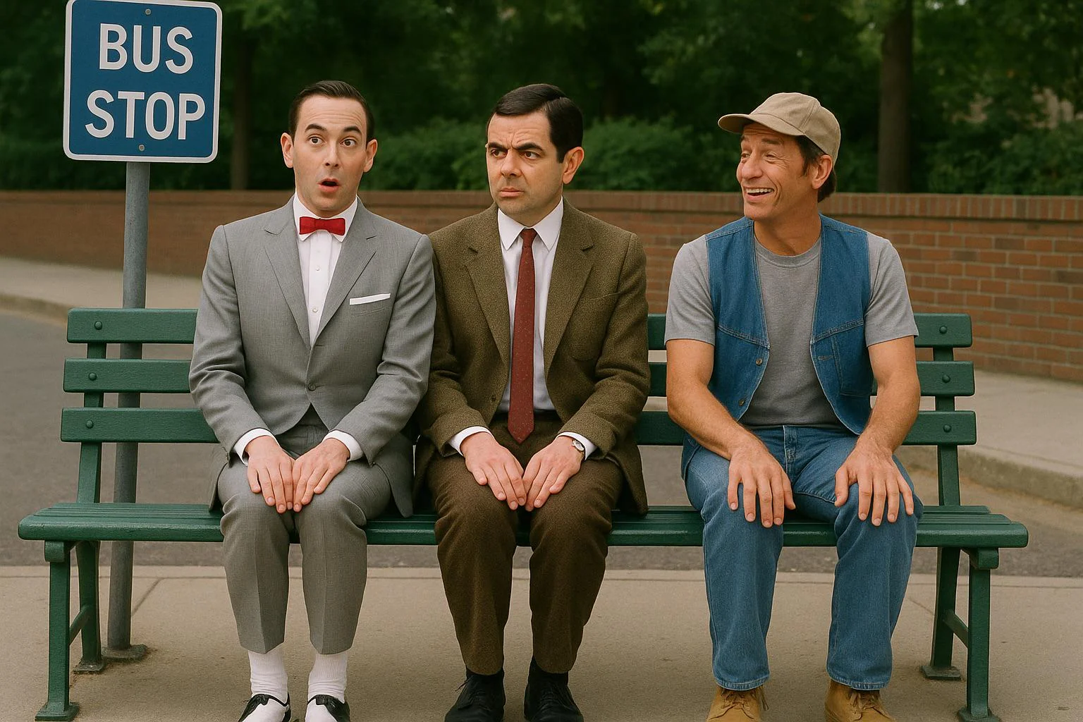 Pee-wee Herman, Mr. Bean, and Ernest P. Worrell sitting at a bus stop. picture 1 of 1