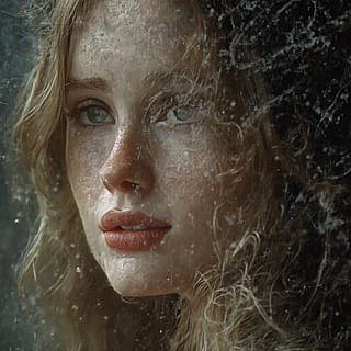 A hyper-realistic portrait of a young woman seen through a rain-streaked window evokes a dreamy, melancholic mood with its soft, textured, and painterly effect.'