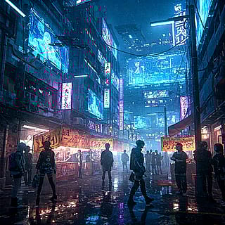 Neon lights and holograms in Japan.'