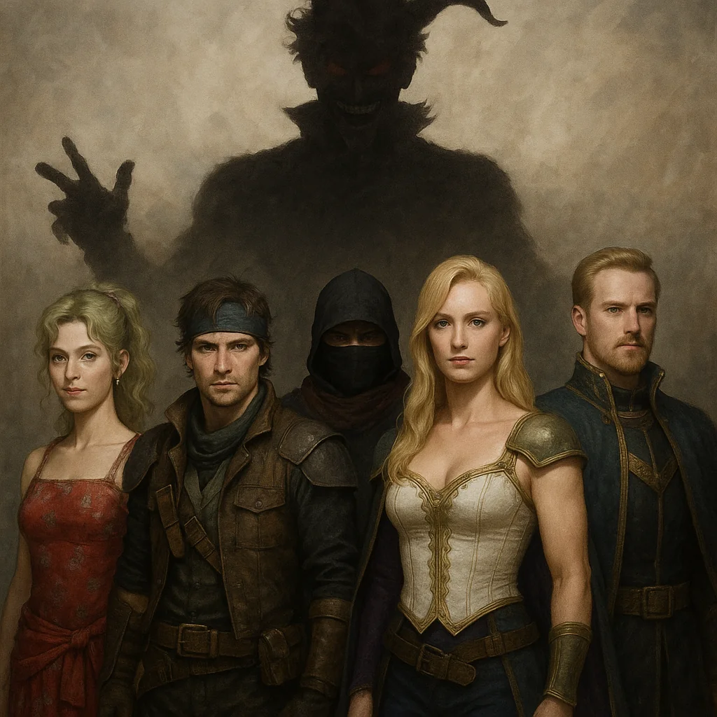 Kefka looking over Terra, Locke, Shadow, Celes and Edgar picture 1 of 1