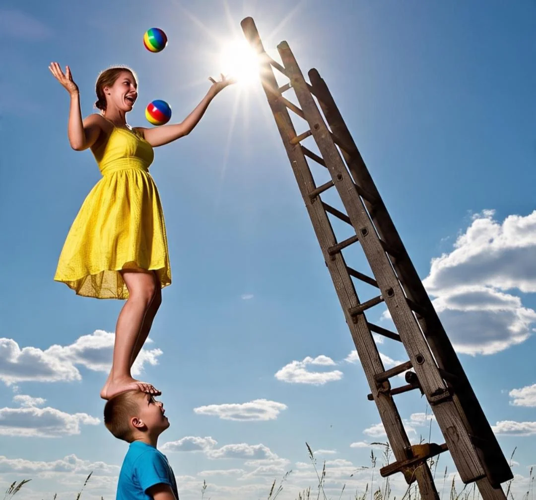 Ladder going to the sun and a Woman juggling rainbow-colored balls while balancing on A Boy's head? picture 1 of 1