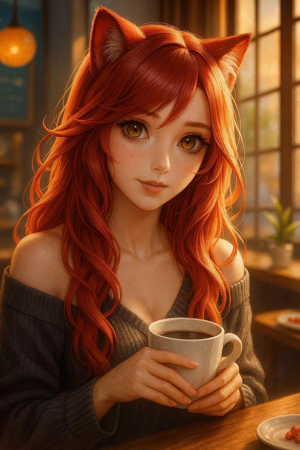Cozy catgirl café vibes ☕ | AI art made with Leonardo + ChatGPT (first post!) picture 1 of 6