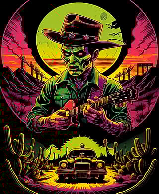 I was experimenting with Wild West Rockabilly Zombies in StarryAi. These were my favourite even with the imperfections of hands/guitars.'