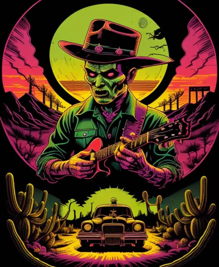 I was experimenting with Wild West Rockabilly Zombies in StarryAi. These were my favourite even with the imperfections of hands/guitars. picture 1 of 7