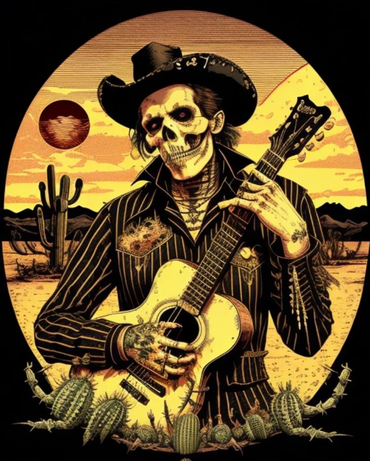 I was experimenting with Wild West Rockabilly Zombies in StarryAi. These were my favourite even with the imperfections of hands/guitars. picture 4 of 7