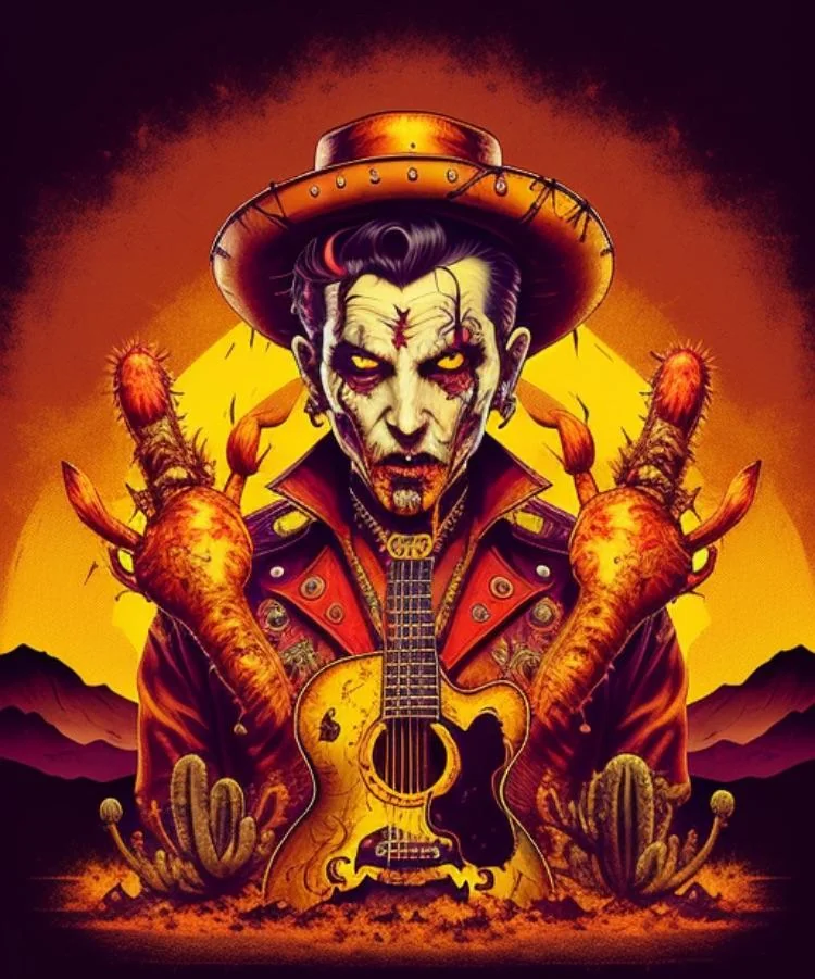 I was experimenting with Wild West Rockabilly Zombies in StarryAi. These were my favourite even with the imperfections of hands/guitars. picture 5 of 7