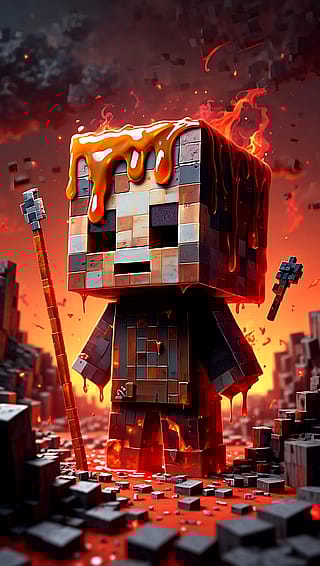 Pixel Pyromancer: A Molten Minecraft Mage in a Lava-Filled World (AI Art)'