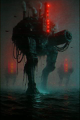 The Leviathan Platforms: Towering drill-titans, each one the size of a mountain, walking slowly across the ocean floor on massive articulated stilt-legs collecting the last remnants of oil on earth'