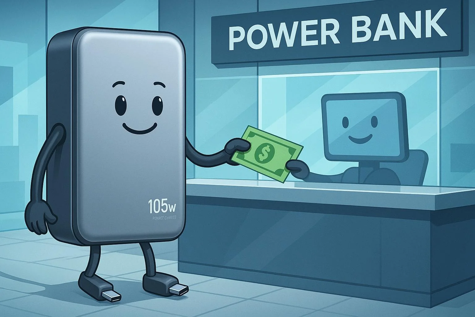 A Powerbank is Depositing Money at a Power Bank. picture 1 of 1