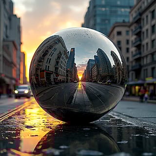 This city sunset reflected in a perfect chrome sphere looks straight out of a sci-fi film'