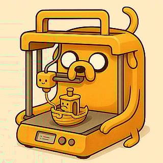 “Can you draw Jake the Dog shapeshifted into a 3D printer? One that is currently printing an object like a toy boat, which is also made of Jake?”'