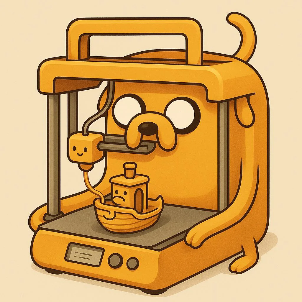 “Can you draw Jake the Dog shapeshifted into a 3D printer? One that is currently printing an object like a toy boat, which is also made of Jake?” picture 1 of 1