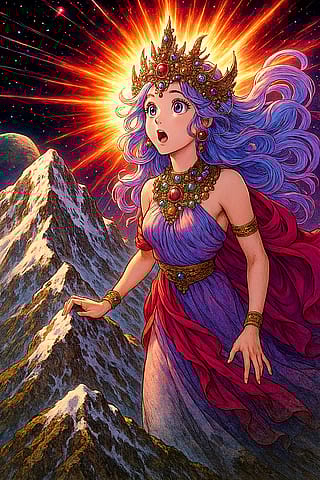 End of the world, supernova, goddess watches end of her creation.'