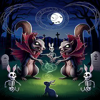 Dead vampire squirrels using Necromancey to summon skeleton rabbits in a grave yard'
