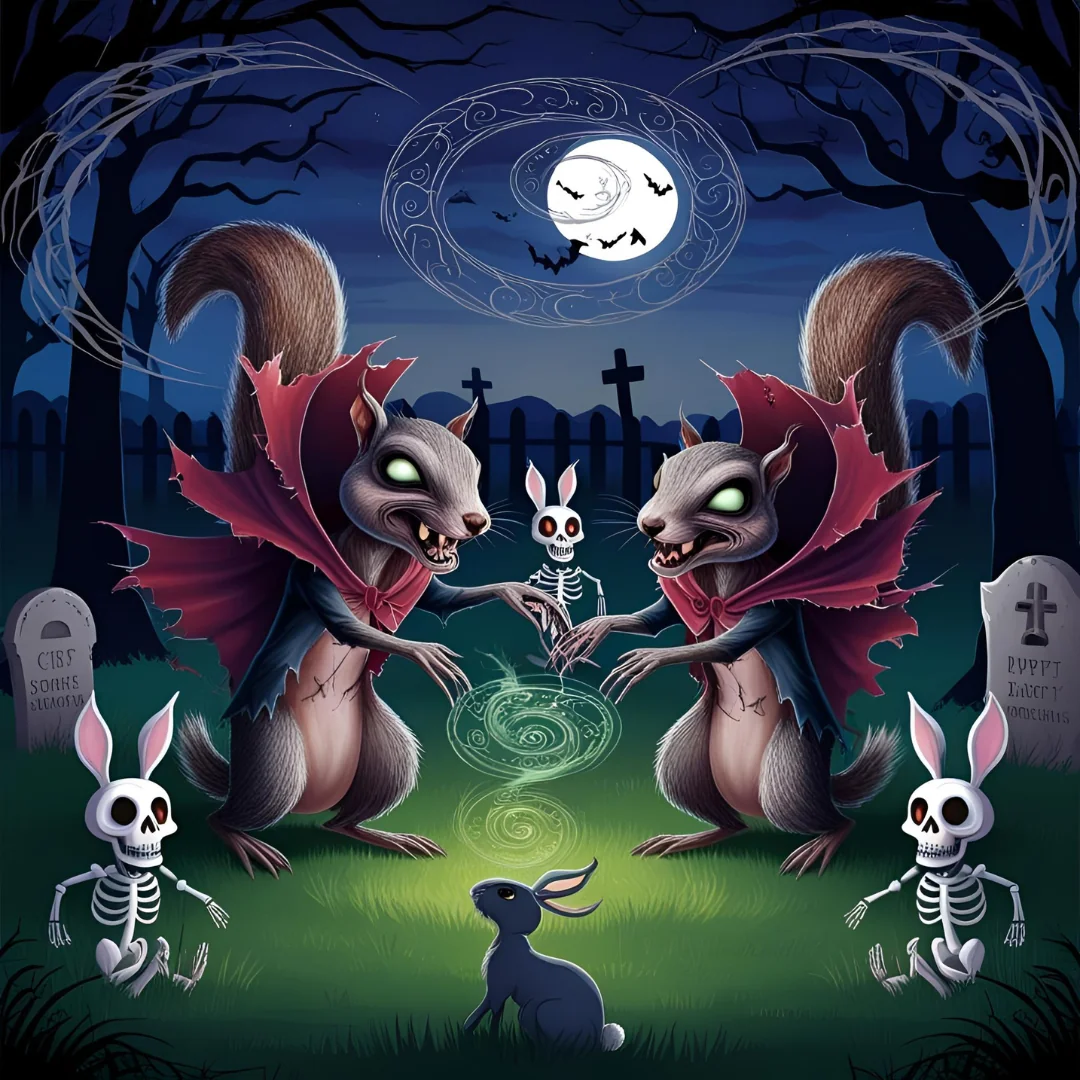 Dead vampire squirrels using Necromancey to summon skeleton rabbits in a grave yard picture 1 of 2