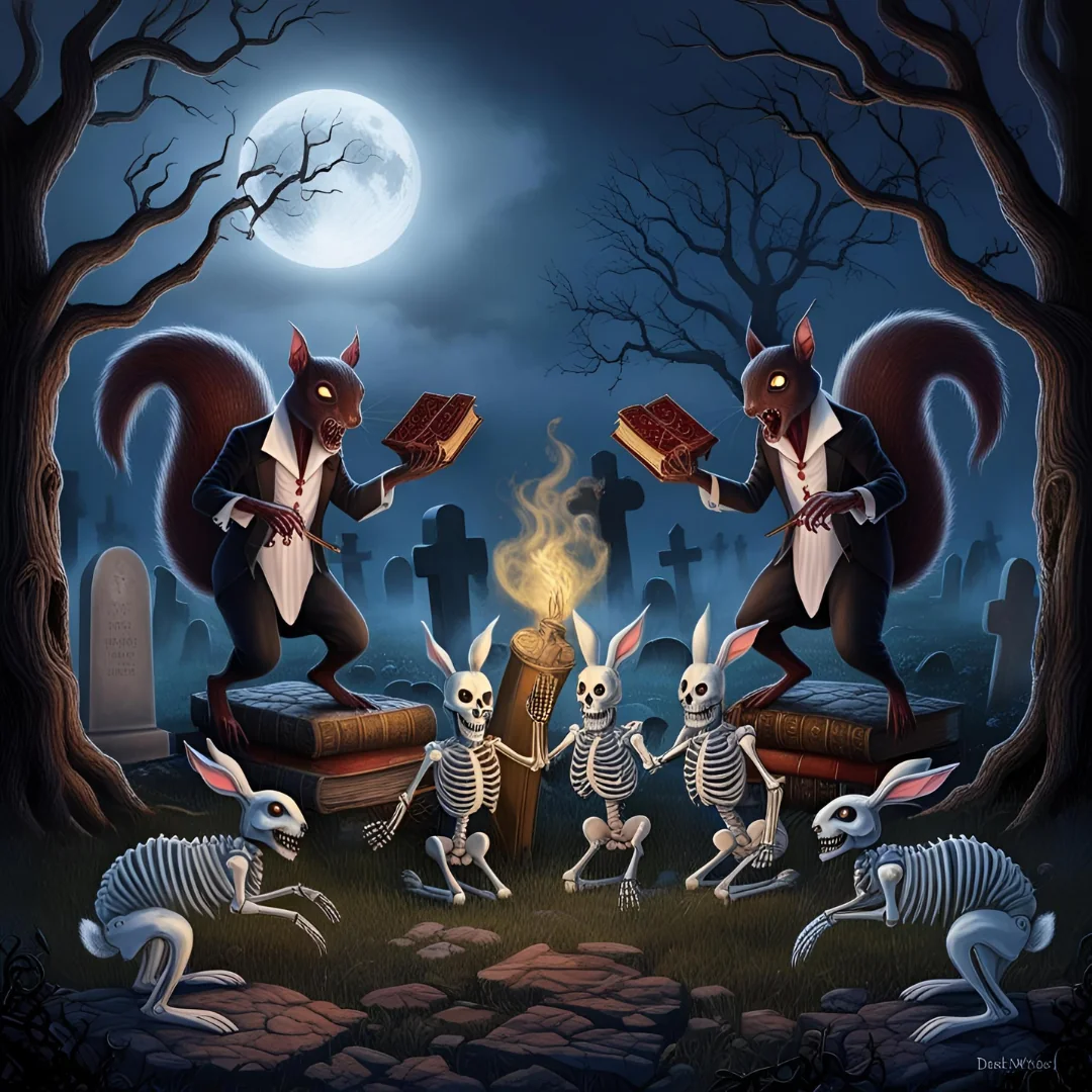 Dead vampire squirrels using Necromancey to summon skeleton rabbits in a grave yard picture 2 of 2