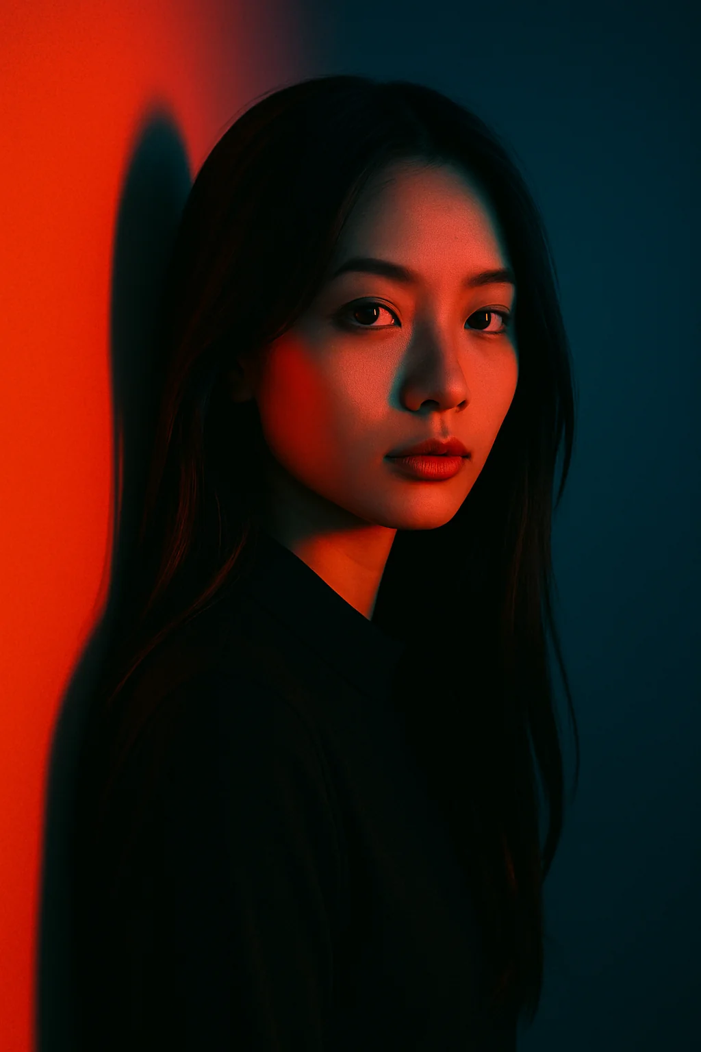 Color Isolation or Dual Tone. A faint opposing cool tone (teal, blue-gray) in the shadows while retaining the red light to create a complementary tension. A common film-grade effect known as teal & orange split. picture 1 of 1