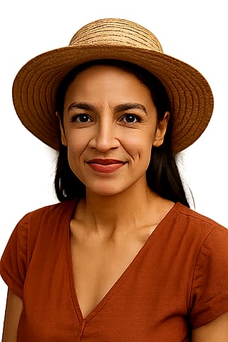 AOC wearing a straw hat.'