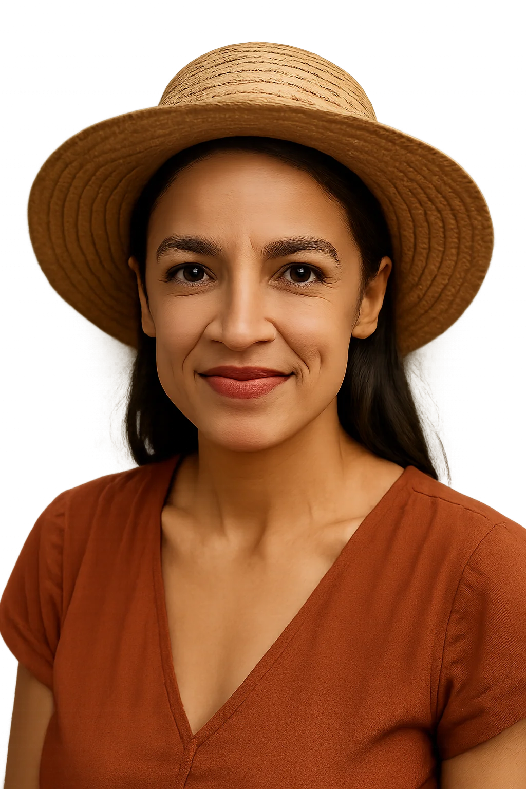 AOC wearing a straw hat. picture 1 of 1