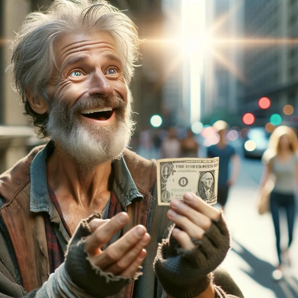 A homeless man finds a dollar, then more dollars as he gets richer and richer and richer. picture 10 of 10