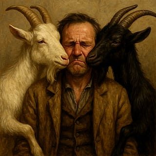 A man with two goats either side of his face'