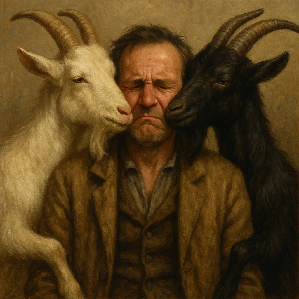 A man with two goats either side of his face picture 1 of 1