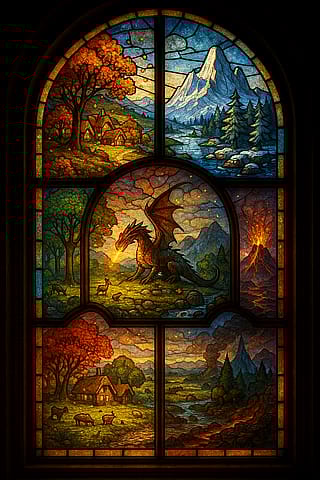 Ornate stained glass of multiple biomes and a fantasy theme.'
