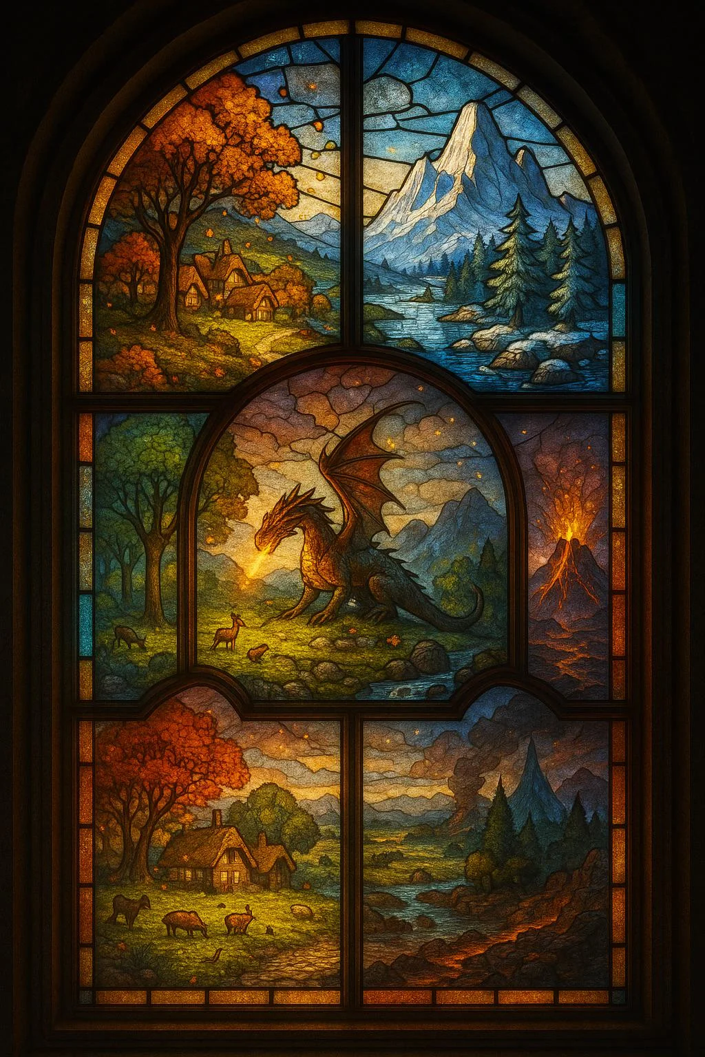 Ornate stained glass of multiple biomes and a fantasy theme. picture 1 of 1