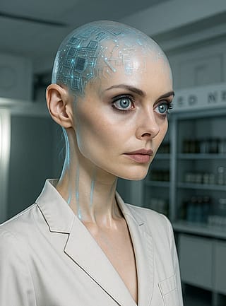 Concept Year 2085: Meet Dr. Girelle, the world’s first synthetic-human hybrid, a human consciousness integrated into an advanced bio-robotics body, driven by quantum artificial intelligence.'
