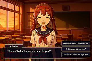 A typical visual novel scene where everything is about to turn dark. Make your choice.'