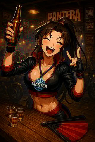 Used image generation to help me celebrate getting Mai Shiranui to "Master" rank in Street Fighter 6! Canonically her favourite band is Pantera and her 2nd outfit is biker leathers so I assumed this was a fitting celebration'