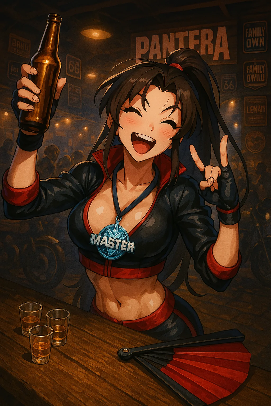 Used image generation to help me celebrate getting Mai Shiranui to "Master" rank in Street Fighter 6! Canonically her favourite band is Pantera and her 2nd outfit is biker leathers so I assumed this was a fitting celebration picture 1 of 1