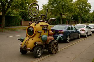 Draw the weirdest vehicle imaginable and park it next to normal cars on a normal road'