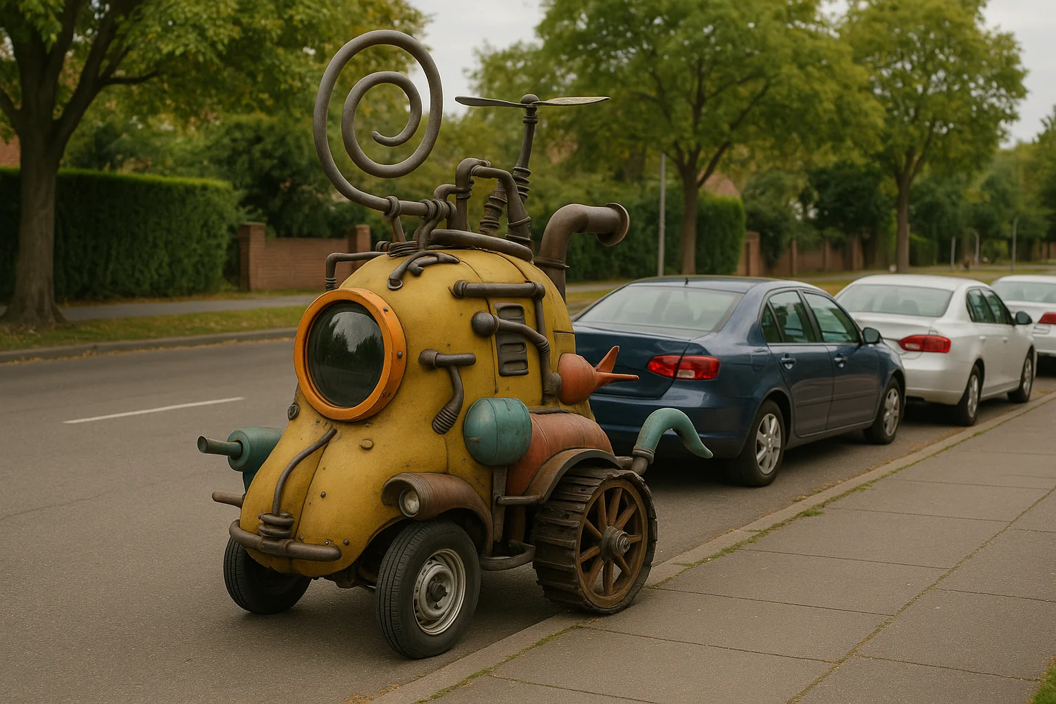 Draw the weirdest vehicle imaginable and park it next to normal cars on a normal road picture 1 of 1